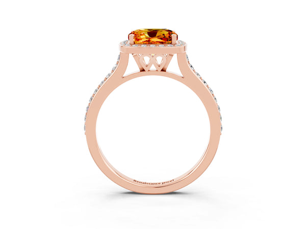 Rose gold Cushion Cut Citrine Halo Engagement Ring with Round Pavé Shoulders and Prong Setting