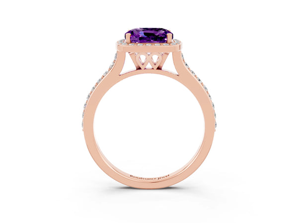 Rose gold Cushion Cut Amethyst Halo Engagement Ring with Round Pavé Shoulders and Prong Setting