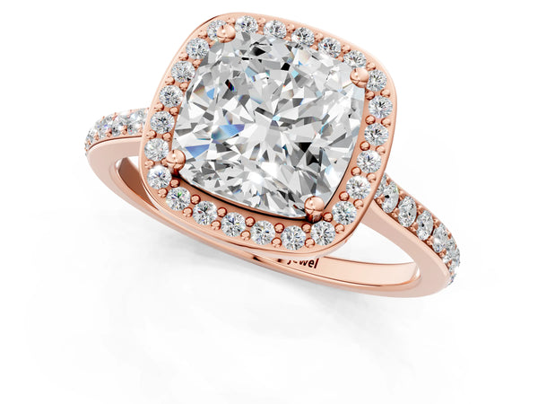 Rose gold Cushion Cut Halo Round Diamond Pavé Band with Four-Prong Setting