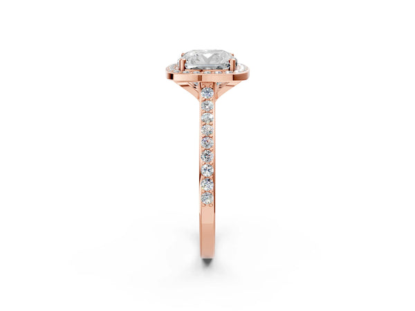 Rose gold Cushion Cut Halo Round Diamond Pavé Band with Four-Prong Setting