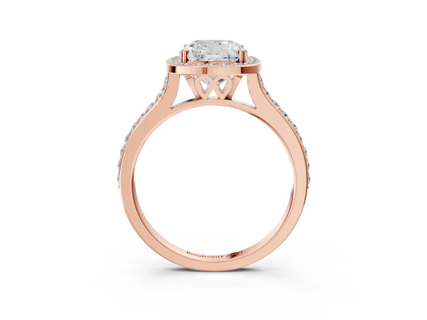 Rose gold Cushion Cut Halo Round Diamond Pavé Band with Four-Prong Setting