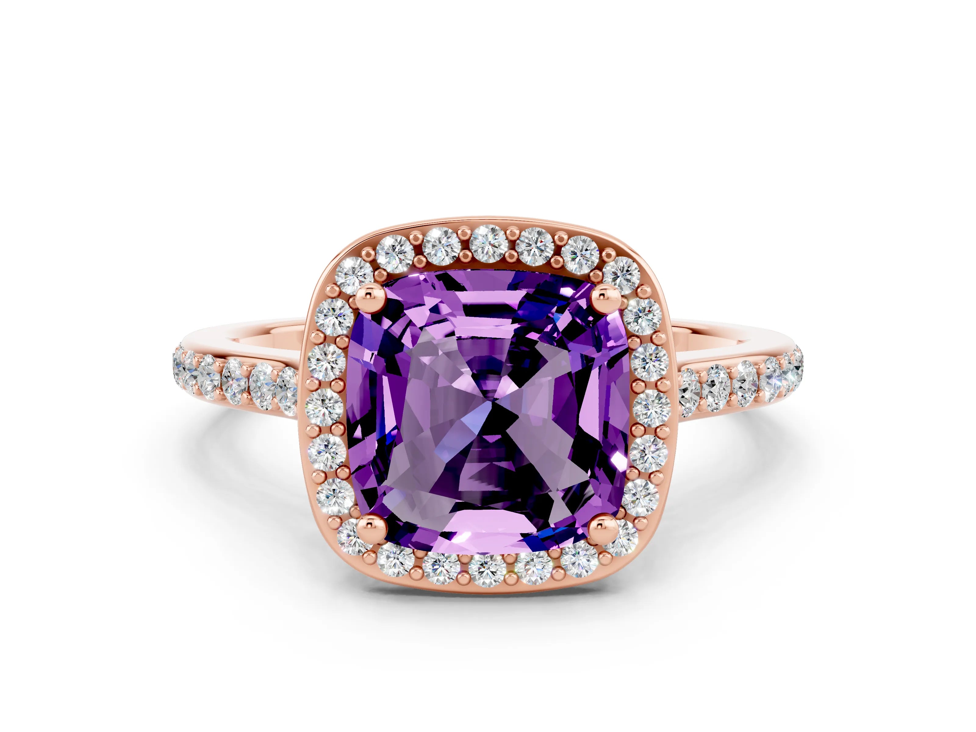 Rose gold Cushion Cut Halo Round Diamond Pavé Band with Four-Prong Setting