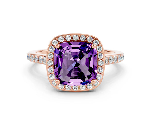 Rose gold Cushion Cut Amethyst Halo Engagement Ring with Round Pavé Shoulders and Prong Setting