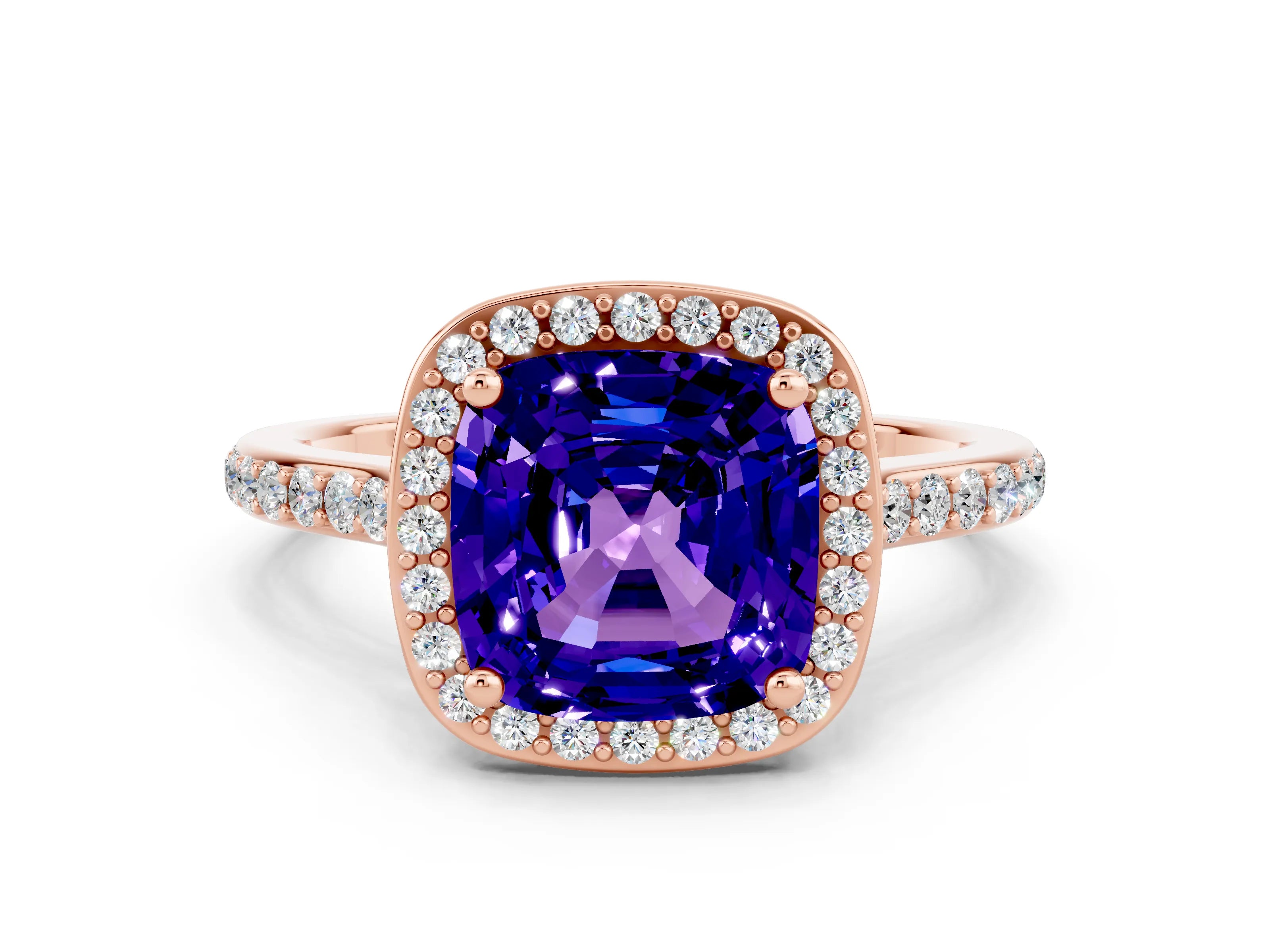 Rose gold Cushion Cut Halo Round Diamond Pavé Band with Four-Prong Setting