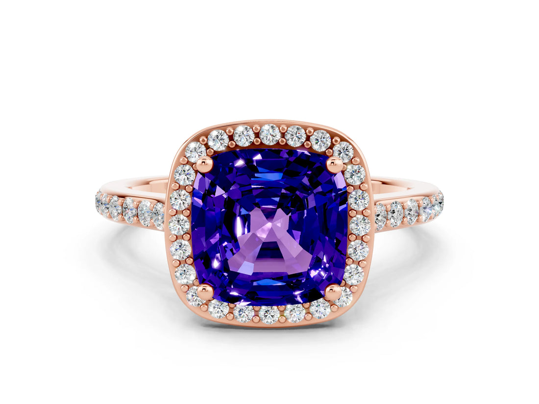 Rose gold Cushion Cut Halo Round Diamond Pavé Band with Four-Prong Setting