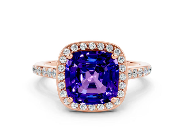 Rose gold Cushion Cut Tanzanite Halo Engagement Ring with Round Pavé Shoulders and Prong Setting