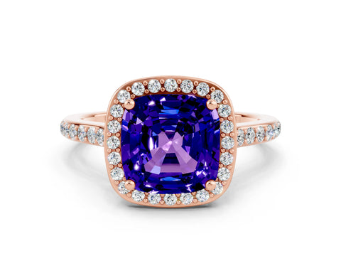 Rose gold Cushion Cut Halo Round Diamond Pavé Band with Four-Prong Setting