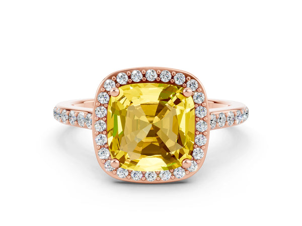 Rose gold Cushion Cut Yellow Sapphire Halo Engagement Ring with Round Pavé Shoulders and Prong Setting