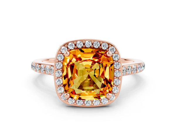 Rose gold Cushion Cut Citrine Halo Engagement Ring with Round Pavé Shoulders and Prong Setting