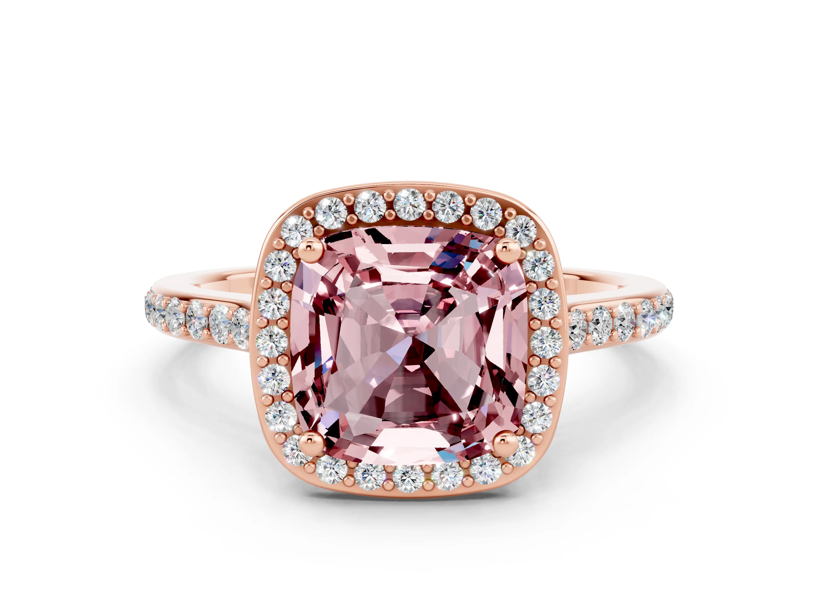 Rose gold Cushion Cut Halo Round Diamond Pavé Band with Four-Prong Setting