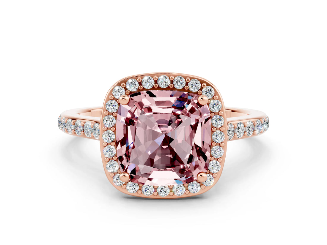 Rose gold Cushion Cut Halo Round Diamond Pavé Band with Four-Prong Setting