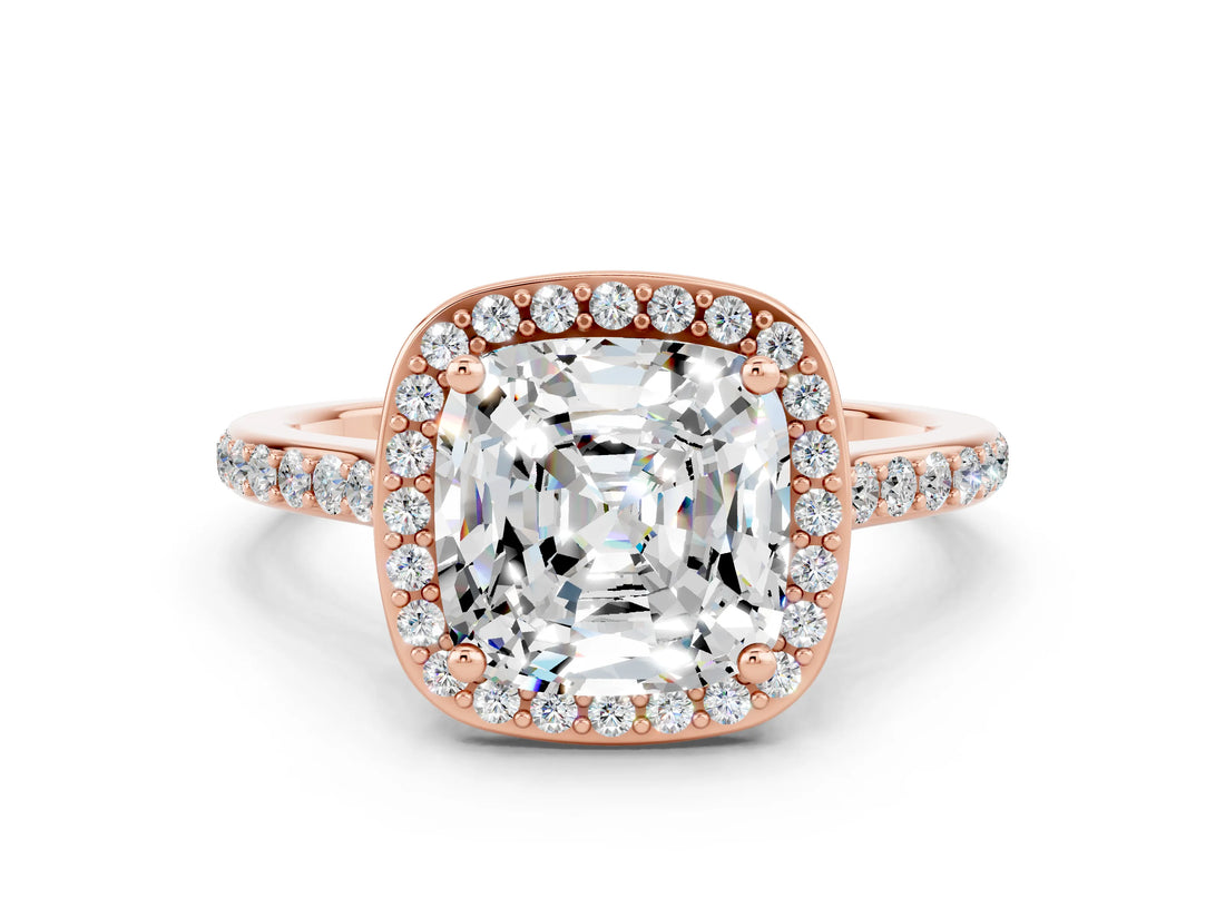Rose gold Cushion Cut Halo Round Diamond Pavé Band with Four-Prong Setting