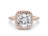 Rose gold Cushion Cut Halo Round Diamond Pavé Band with Four-Prong Setting