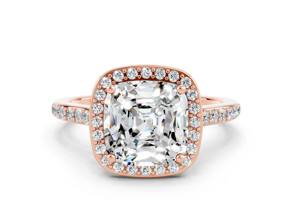 Rose gold Cushion Cut Moissanite Halo Engagement Ring with Round Pavé Shoulders and Prong Setting