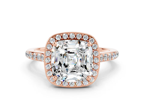 Rose gold Cushion Cut Halo Round Diamond Pavé Band with Four-Prong Setting