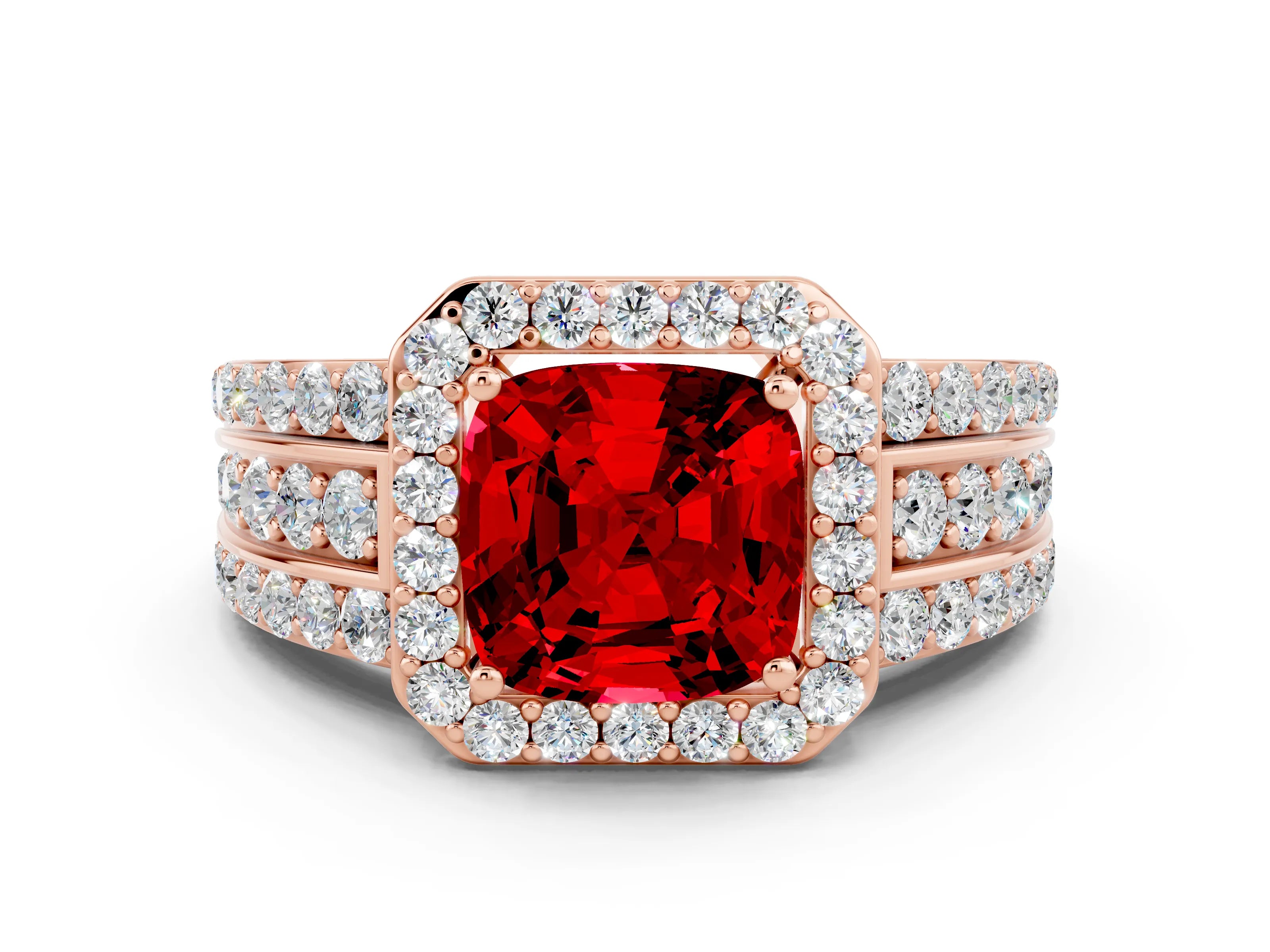 Rose gold Cushion Cut Halo Ruby Ring with Split Shank and Four-Prong Setting