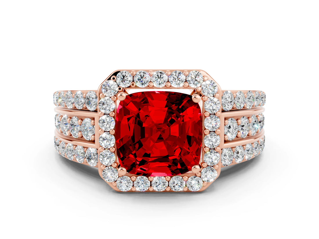 Rose gold Cushion Cut Halo Ruby Ring with Split Shank and Four-Prong Setting