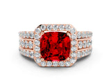 Rose gold Cushion Cut Halo Ruby Ring with Split Shank and Four-Prong Setting