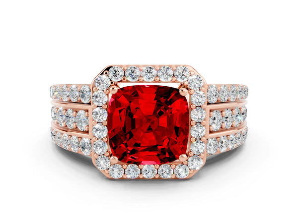 Rose gold Cushion Cut Halo Ruby Ring with Round  Split Shank and Prong Setting