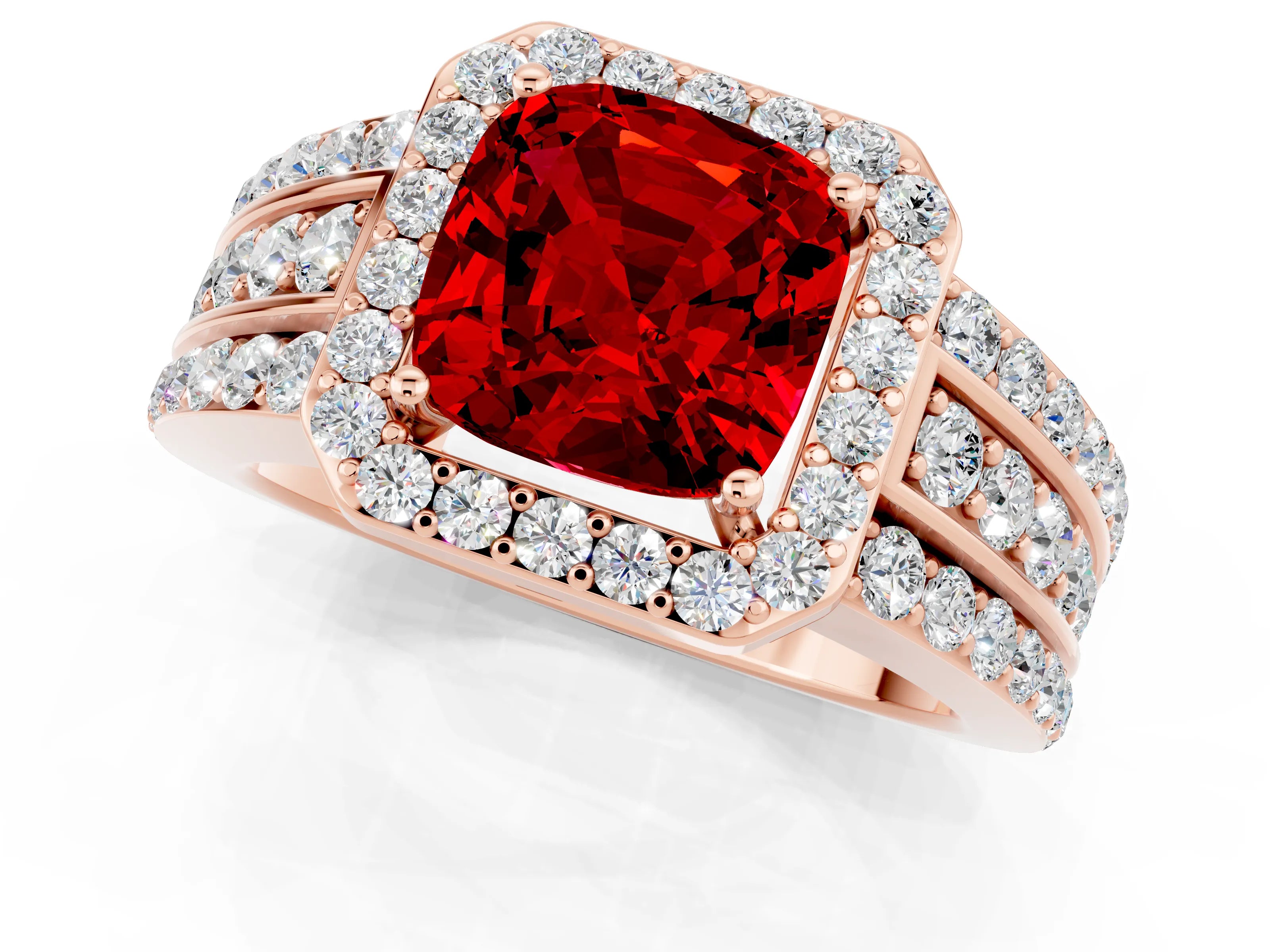 Rose gold Cushion Cut Halo Ruby Ring with Split Shank and Four-Prong Setting_1