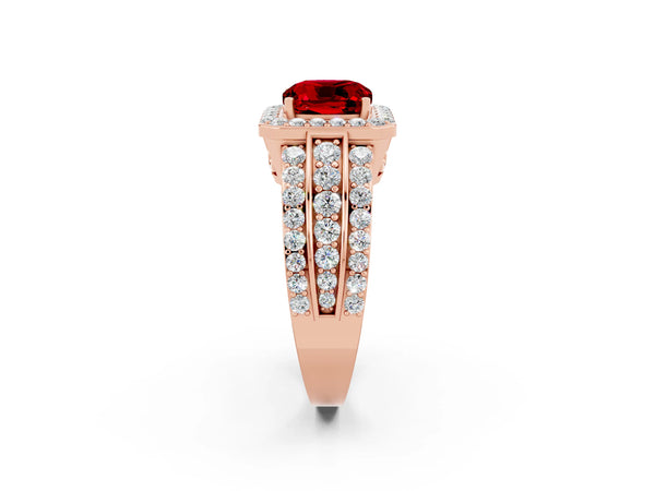 Rose gold Cushion Cut Halo Ruby Ring with Round  Split Shank and Prong Setting