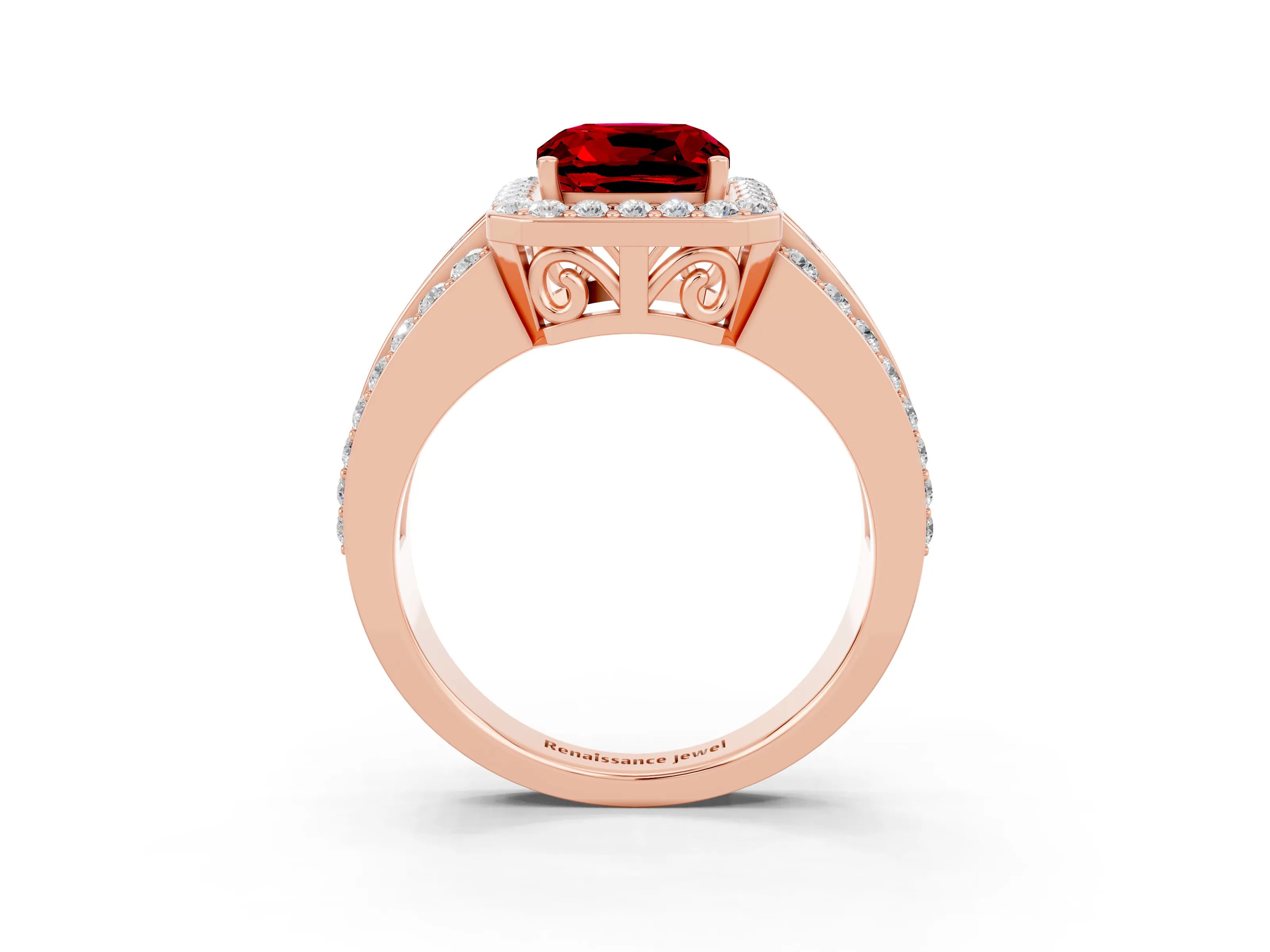 Rose gold Cushion Cut Halo Ruby Ring with Split Shank and Four-Prong Setting_3