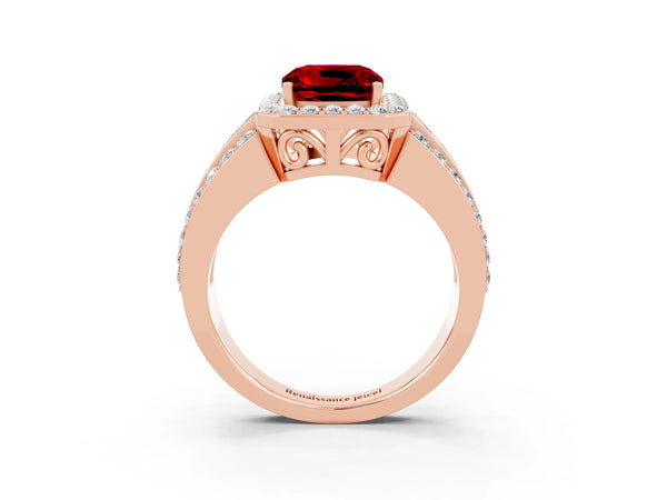 Rose gold Cushion Cut Halo Ruby Ring with Round  Split Shank and Prong Setting