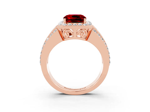 Rose gold Cushion Cut Halo Ruby Ring with Split Shank and Four-Prong Setting_3