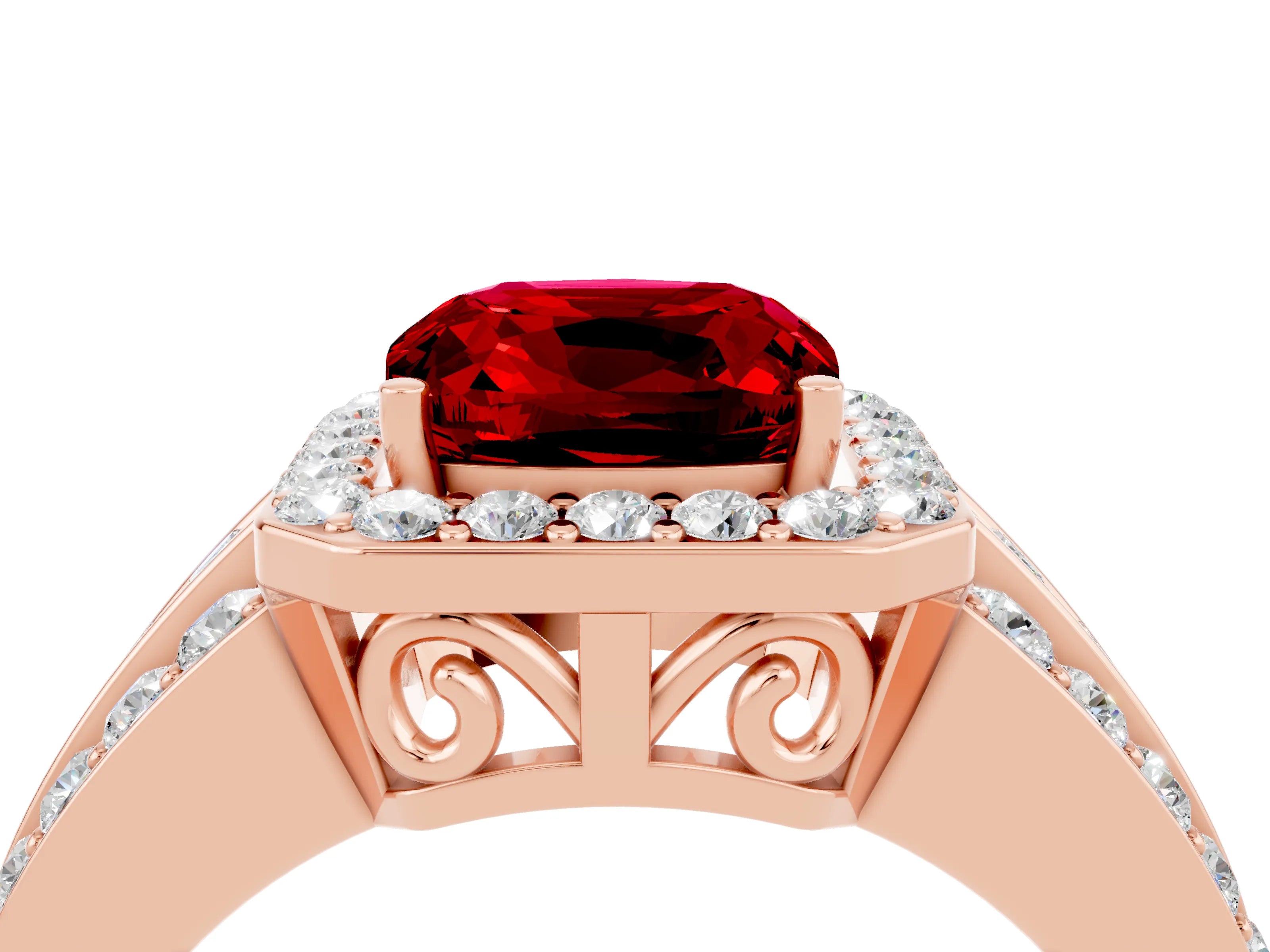 Rose gold Cushion Cut Halo Ruby Ring with Split Shank and Four-Prong Setting_4