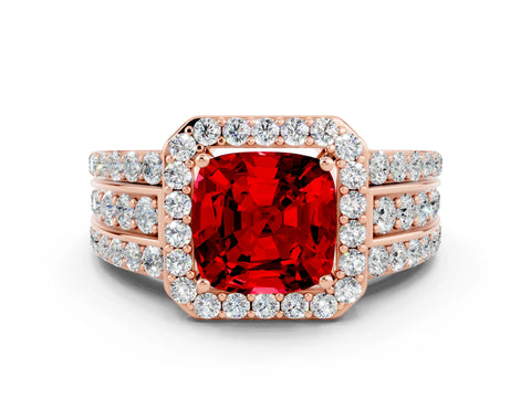 Rose gold Cushion Cut Halo Ruby Ring with Split Shank and Four-Prong Setting