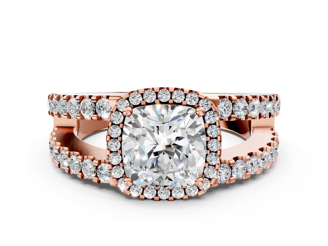 Rose gold Cushion Cut Halo Split Shank Diamond Ring with Four-Prong Setting_61