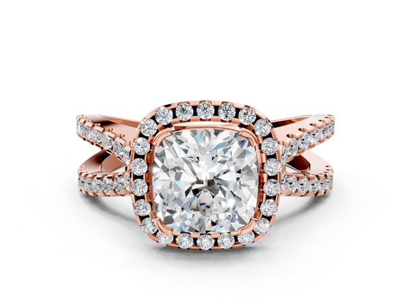 Rose gold Cushion Cut Diamond Halo Ring with Split Shank Pavé Band and Prong Setting