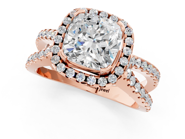 Rose gold Cushion Cut Diamond Halo Ring with Split Shank Pavé Band and Prong Setting