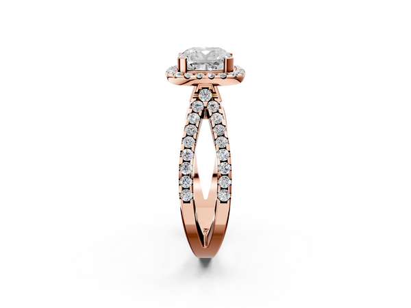 Rose gold Cushion Cut Diamond Halo Ring with Split Shank Pavé Band and Prong Setting