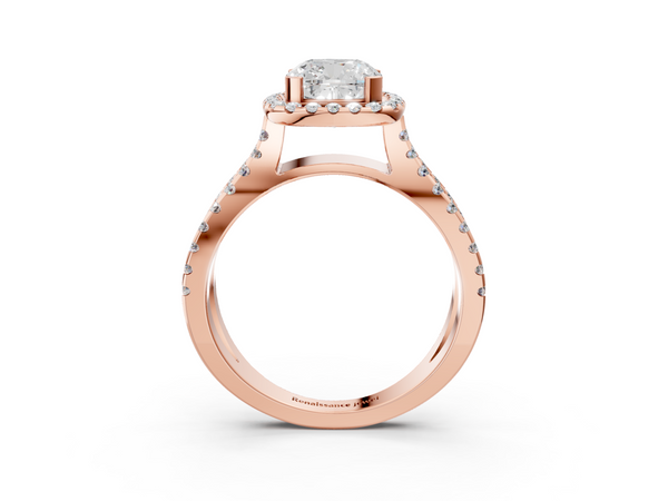 Rose gold Cushion Cut Diamond Halo Ring with Split Shank Pavé Band and Prong Setting