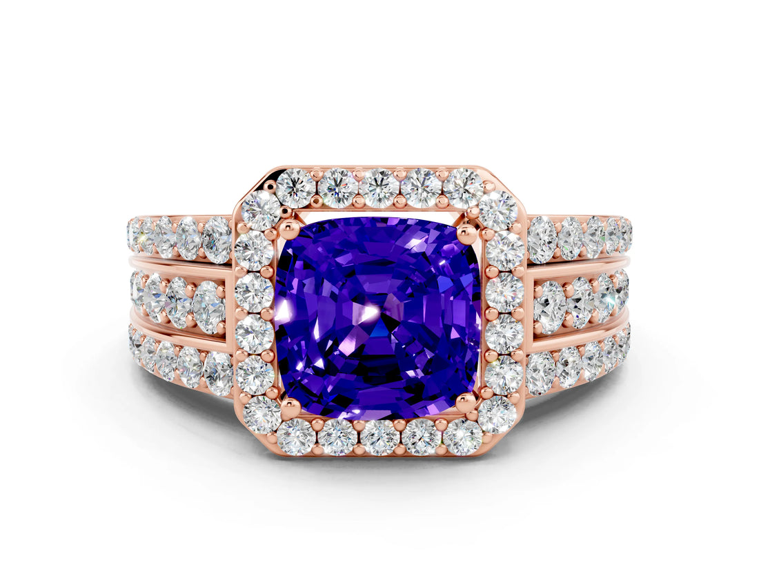 Rose gold Cushion Cut Halo Tanzanite Ring with Split Shank and Four-Prong Setting