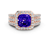 Rose gold Cushion Cut Halo Tanzanite Ring with Split Shank and Four-Prong Setting