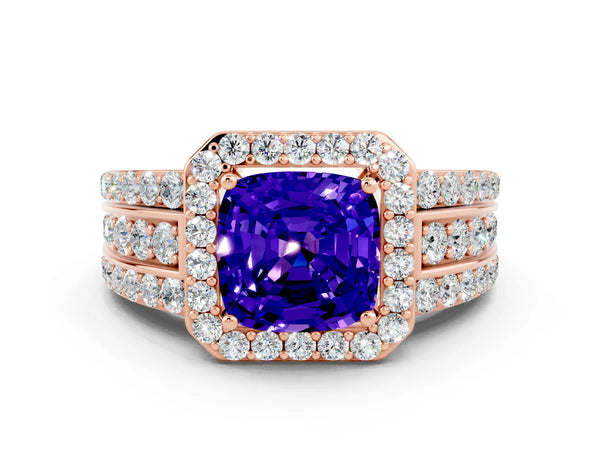Rose gold Cushion Cut Halo Tanzanite Ring with Round  Split Shank and Prong Setting