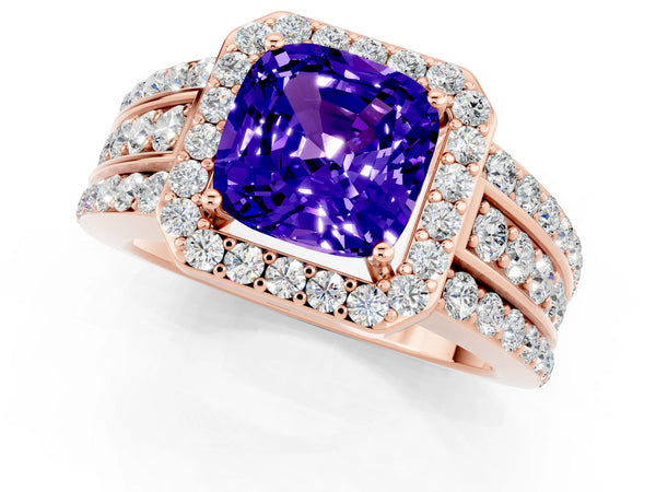 Rose gold Cushion Cut Halo Tanzanite Ring with Round  Split Shank and Prong Setting