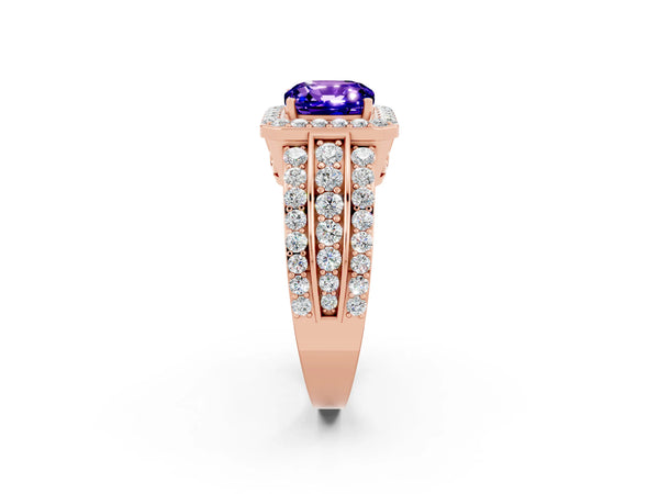 Rose gold Cushion Cut Halo Tanzanite Ring with Round  Split Shank and Prong Setting