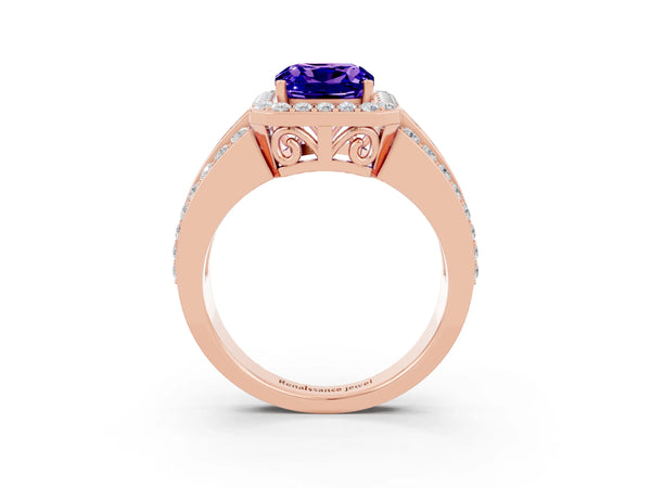 Rose gold Cushion Cut Halo Tanzanite Ring with Round  Split Shank and Prong Setting
