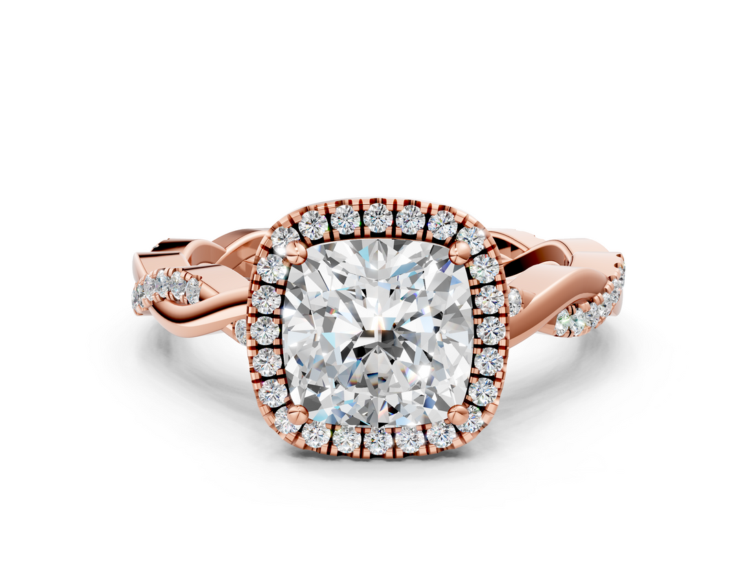 Rose gold Cushion Cut Halo Twisted Band Four-Prong Ring_33
