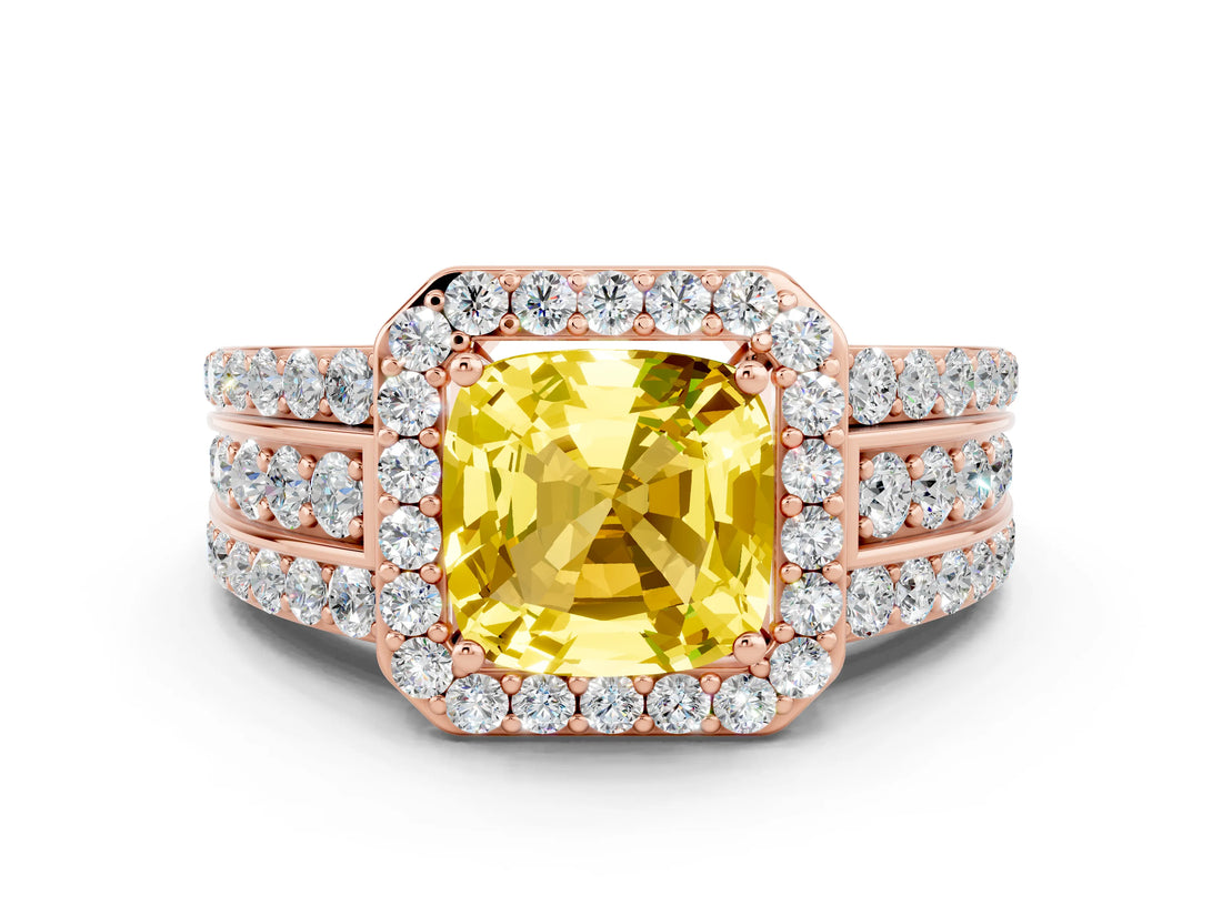 Rose gold Cushion Cut Halo Yellow Sapphire Ring with Split Shank and Four-Prong Setting_24