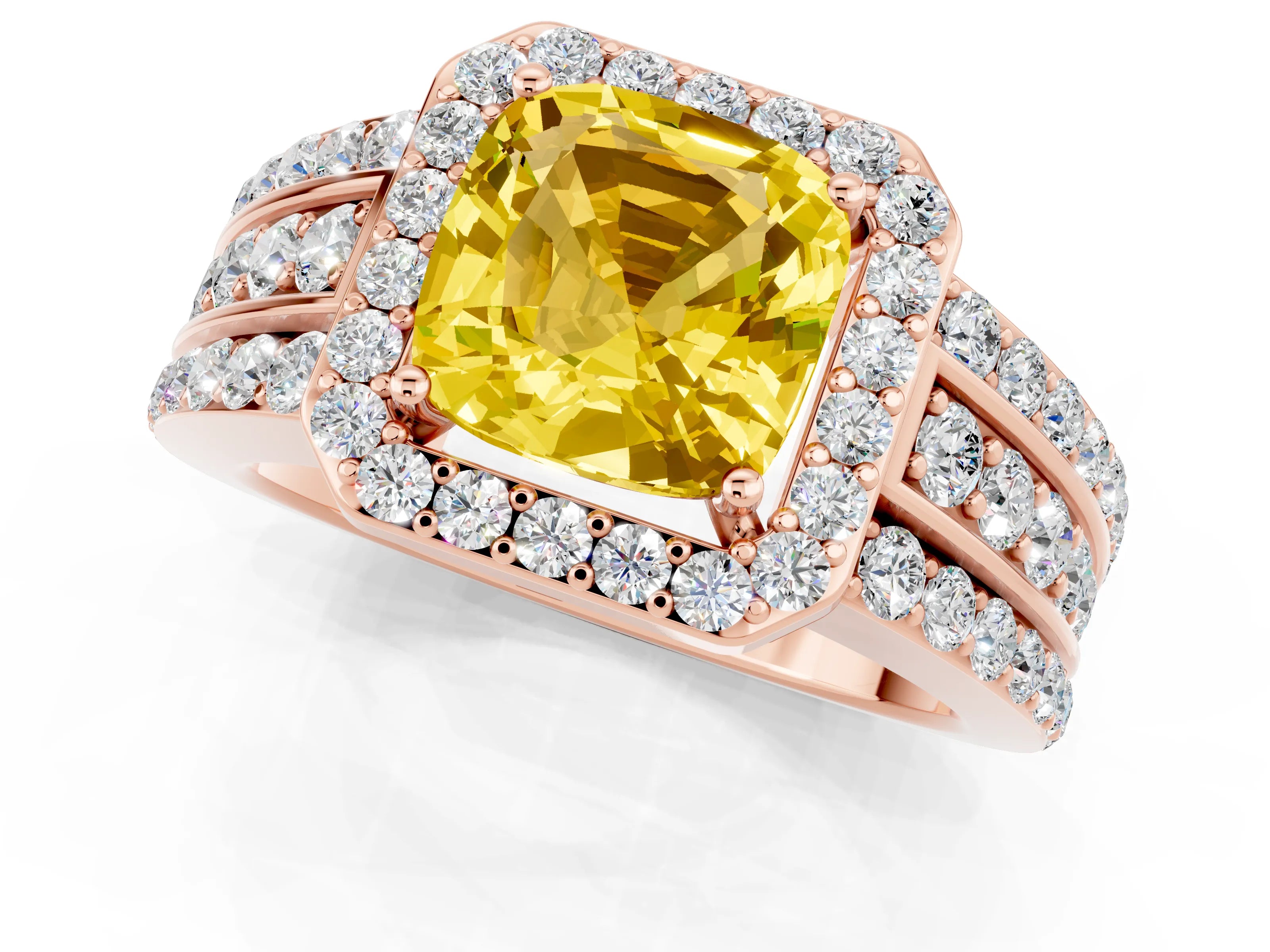 Rose gold Cushion Cut Halo Yellow Sapphire Ring with Split Shank and Four-Prong Setting_25