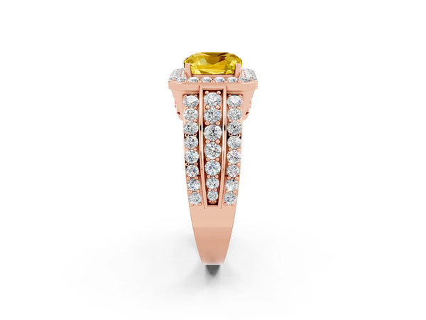 Rose gold Cushion Cut Halo Yellow Sapphire Ring with Round  Split Shank and Prong Setting