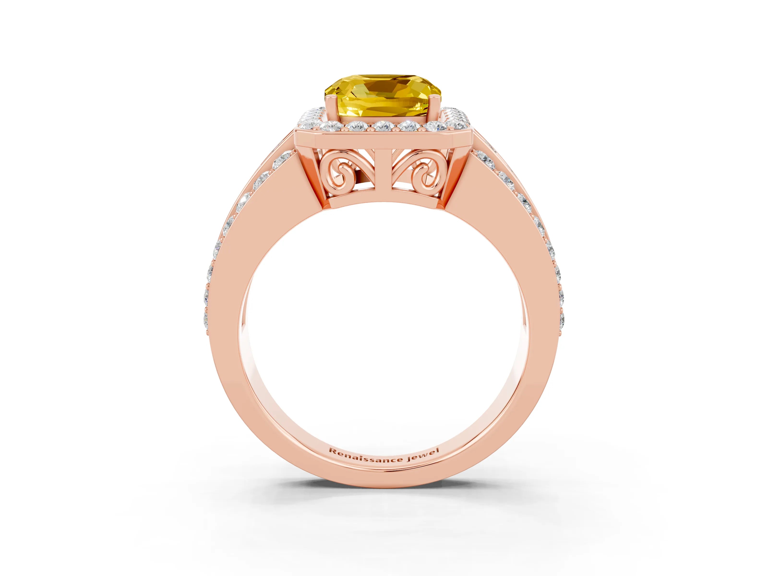 Rose gold Cushion Cut Halo Yellow Sapphire Ring with Split Shank and Four-Prong Setting_27