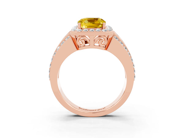 Rose gold Cushion Cut Halo Yellow Sapphire Ring with Round  Split Shank and Prong Setting
