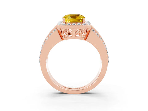 Rose gold Cushion Cut Halo Yellow Sapphire Ring with Split Shank and Four-Prong Setting_27