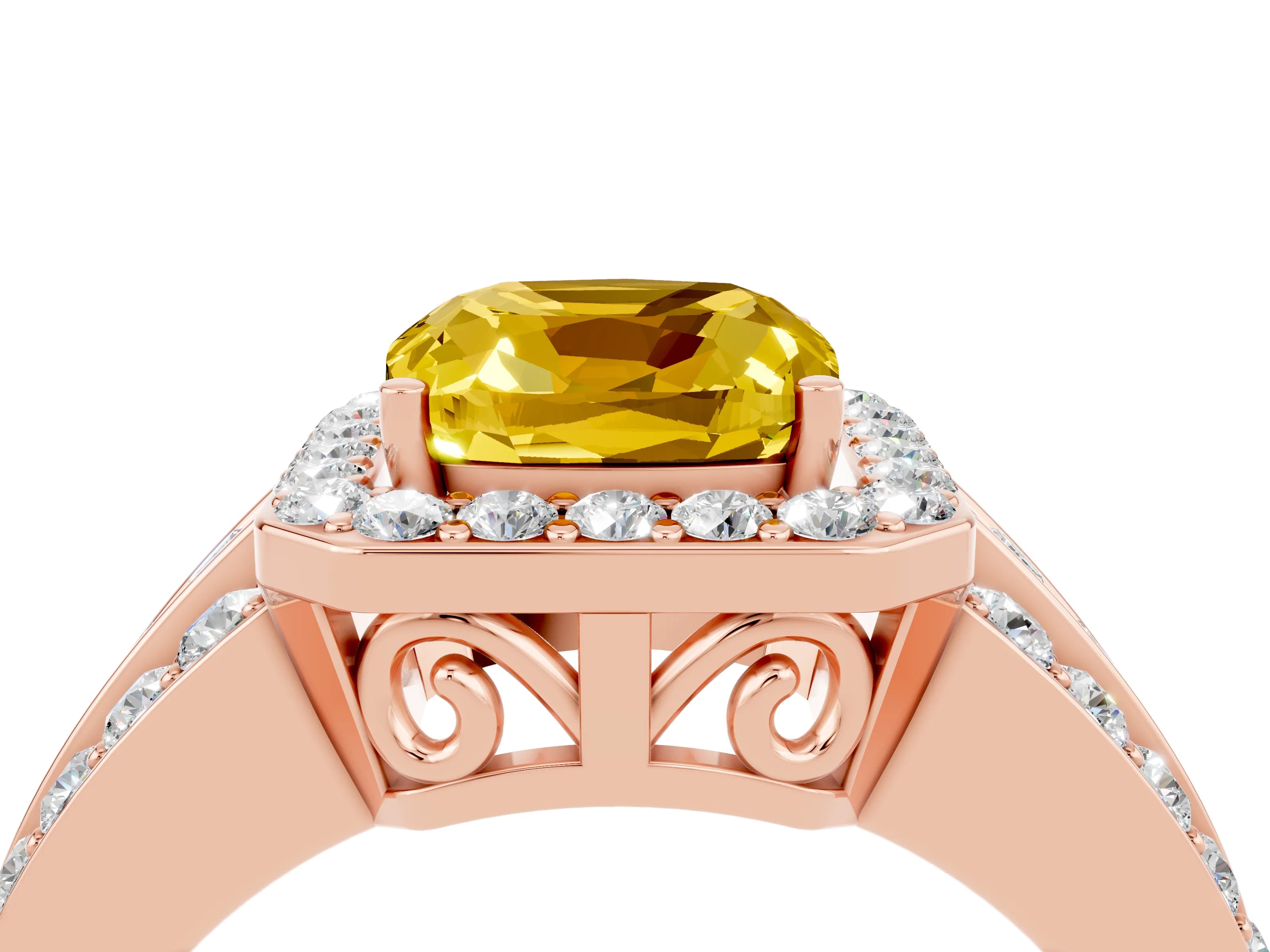 Rose gold Cushion Cut Halo Yellow Sapphire Ring with Split Shank and Four-Prong Setting_28