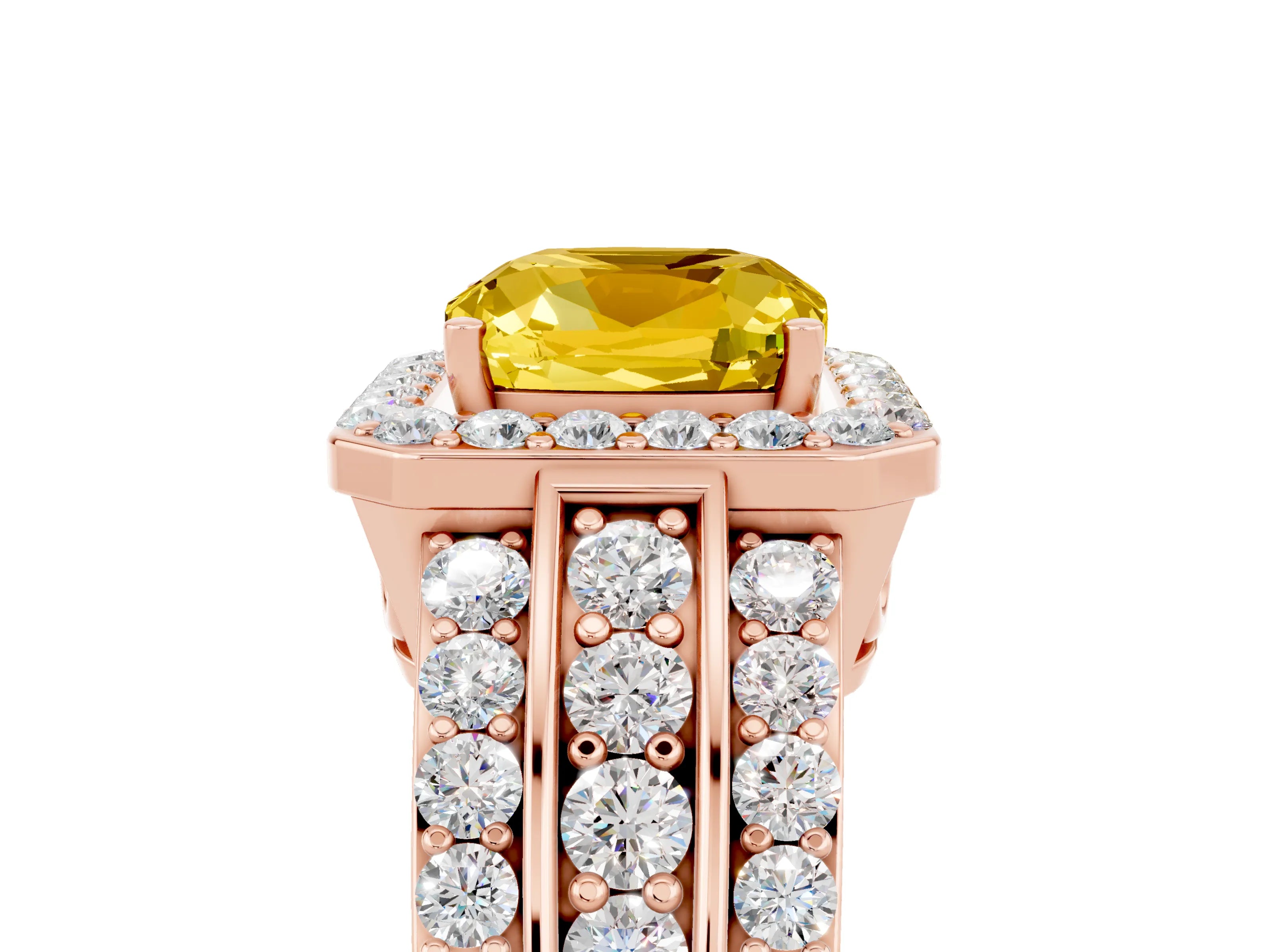 Rose gold Cushion Cut Halo Yellow Sapphire Ring with Split Shank and Four-Prong Setting_29